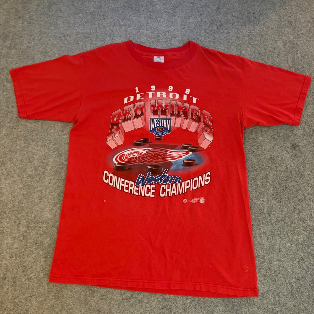 Vintage 90s Detroit Red Wings Conference Champions Hockey Sports 1998 T Shirt XL
